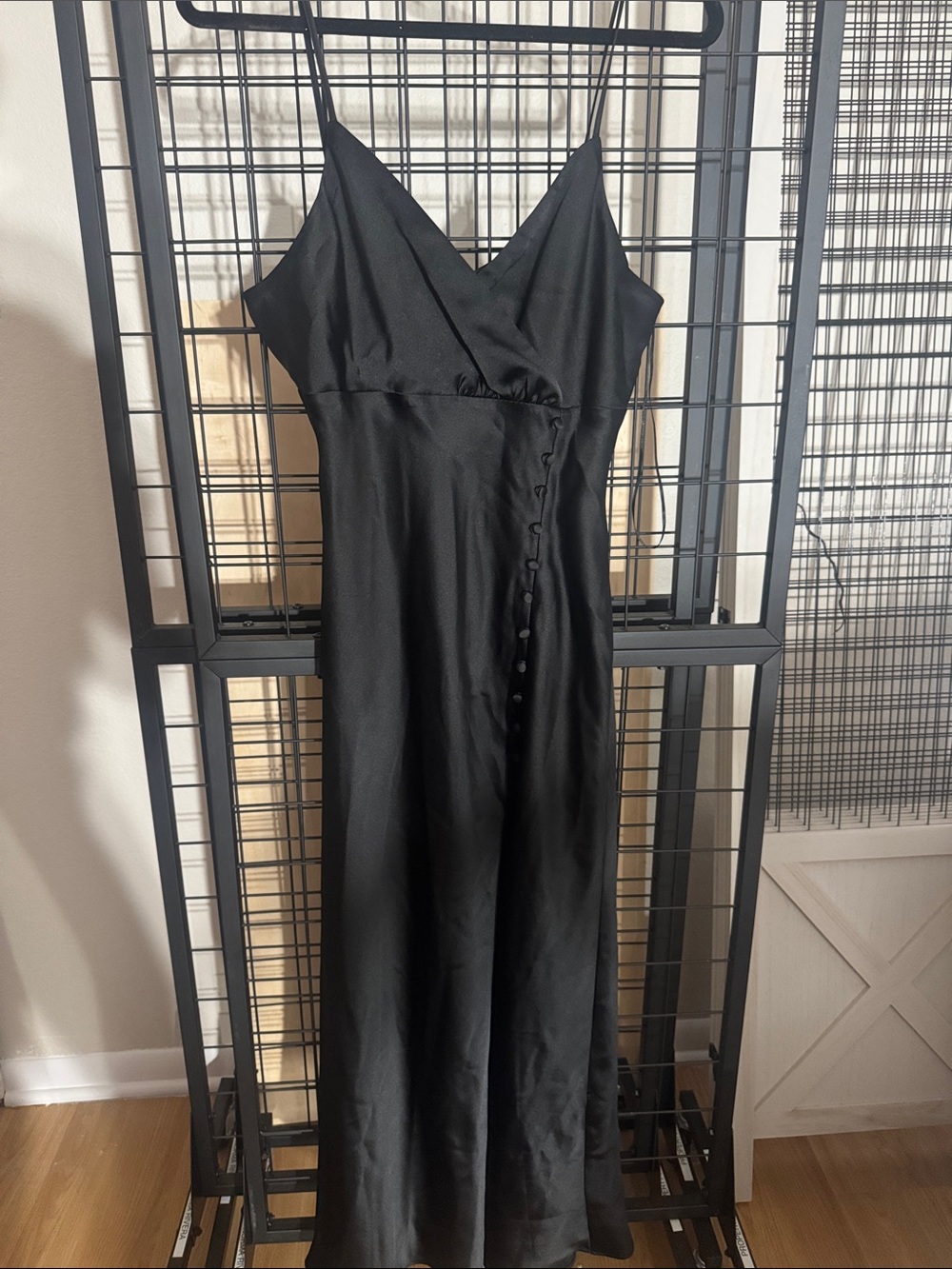 Zara Black Satin Slip Maxi Dress with Side Button Detail